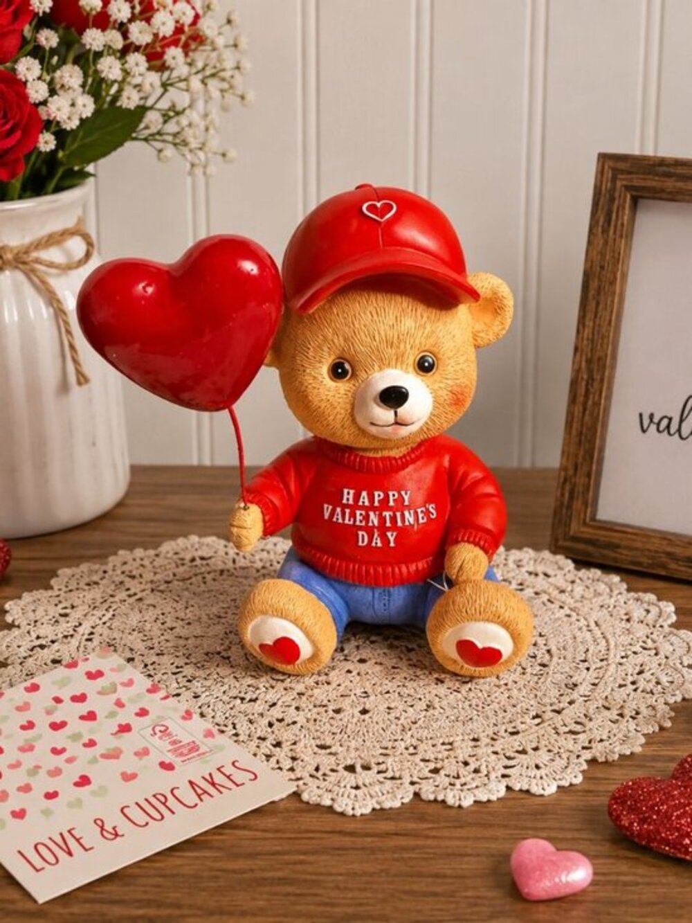 Valentine Teddy Bear Figurine Heart Balloon Red Sweater Holiday Decor NWT